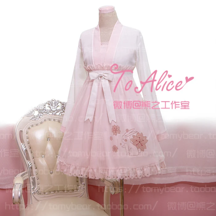 

Sakura Rabbit Chinese Style Pink Dress Blossom Bunny RuQun Mori Girl Cute Lolita Dress One Piece