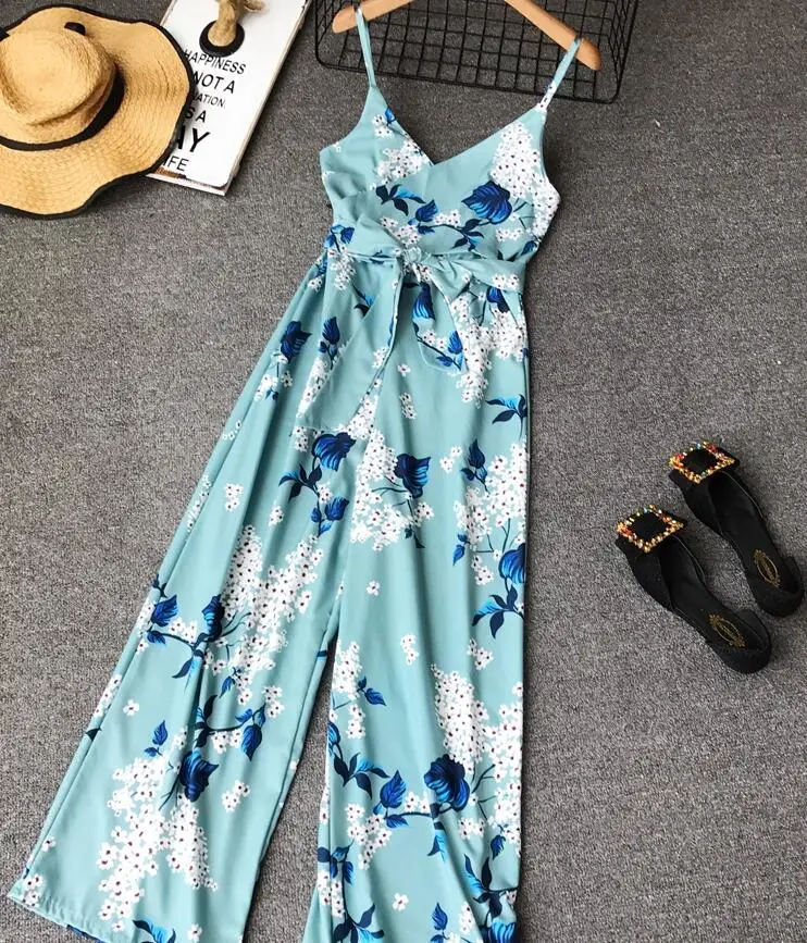 

Women's spring summer Condole belt Playsuits Lady's fashion high waist Wide leg pants print Jumpsuits TB1316