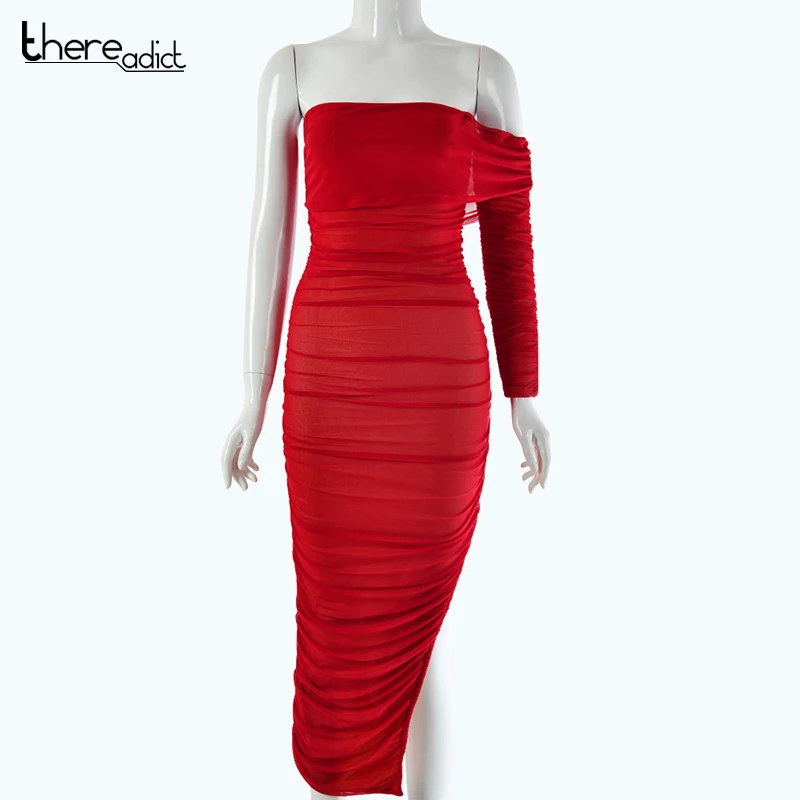 Женские Плиссированные Платья макси с одним рукавом и открытыми плечами