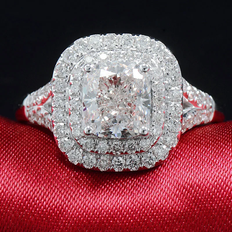 

Solid 18K White Gold Engagement Bridal Settotal 2ctw Cushion Cut Halo Moissanite Ring Set for Women