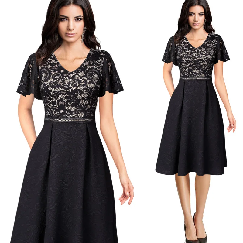 Black and Beige Vfemage женские цветочные кружева Добби ткань пэчворк карманы деловые повседневные Коктейльные Вечерние приталенные и расклешенные трапециевидные платья 2075 - Цвет: Black and Beige