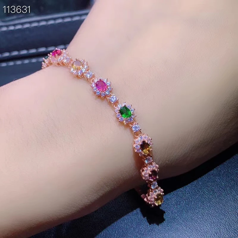 

S925 silver natural Multicolor tourmaline bracelet natural gemstone bracelet Elegant Diana round women party gift fine jewelry