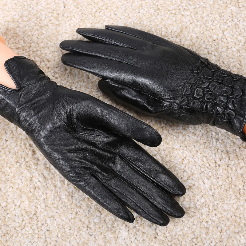 Женские кожаные перчатки женские зимние модные из овчины черные 2018|women's black leather