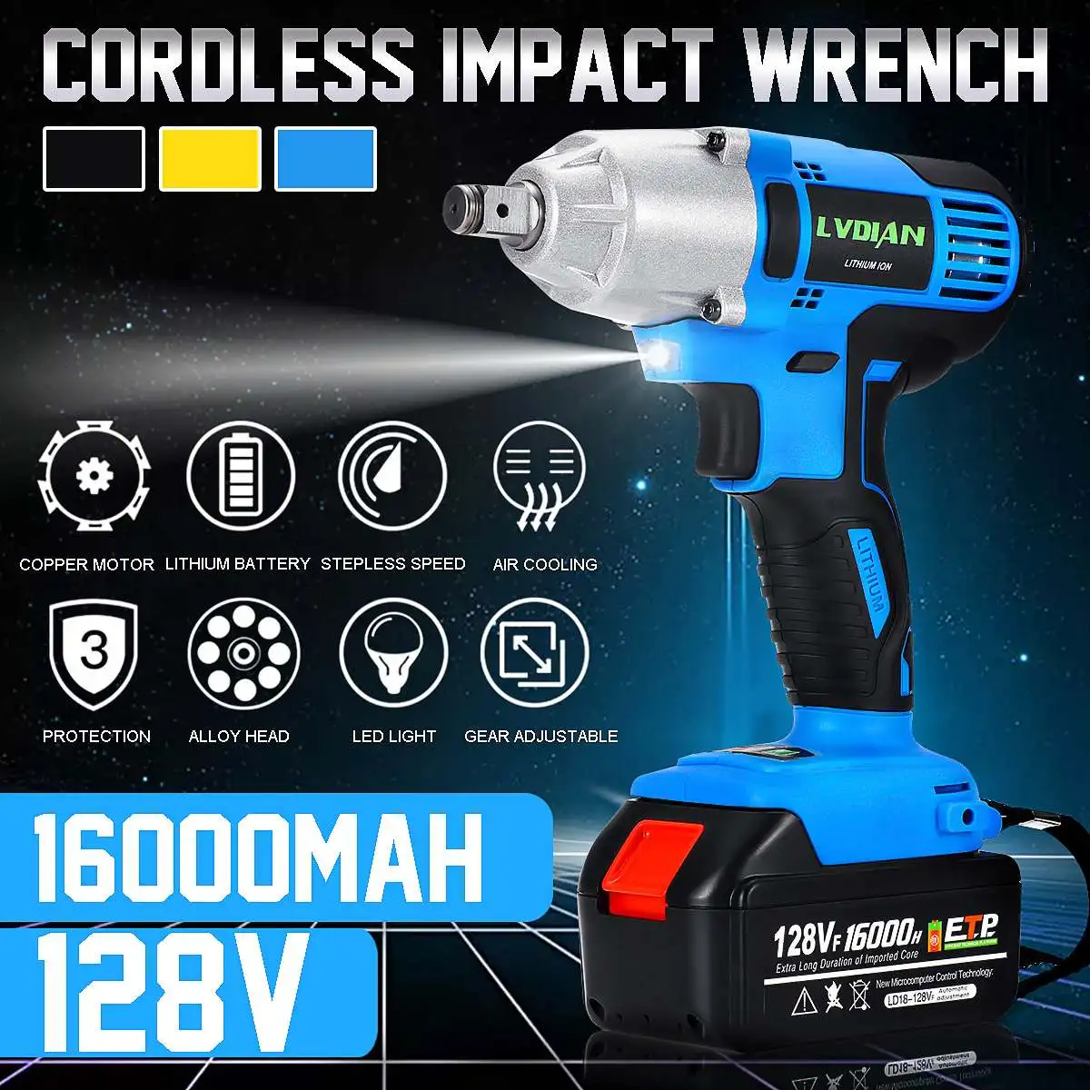 16000mah Rechargeable Cordless Electric Impact Brushless Wrench Kit Hand Drill 18.5x19cm Waterproof Power Tools LED lights