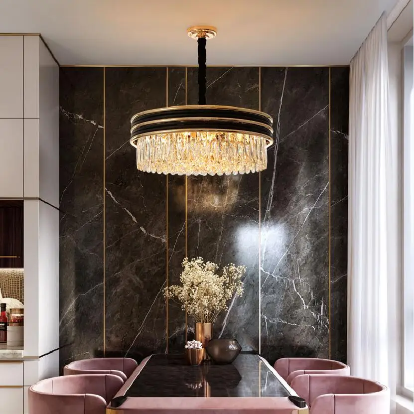 Living room crystal chandelier luxury modern round black plus gold American new LED restaurant bedroom lamps