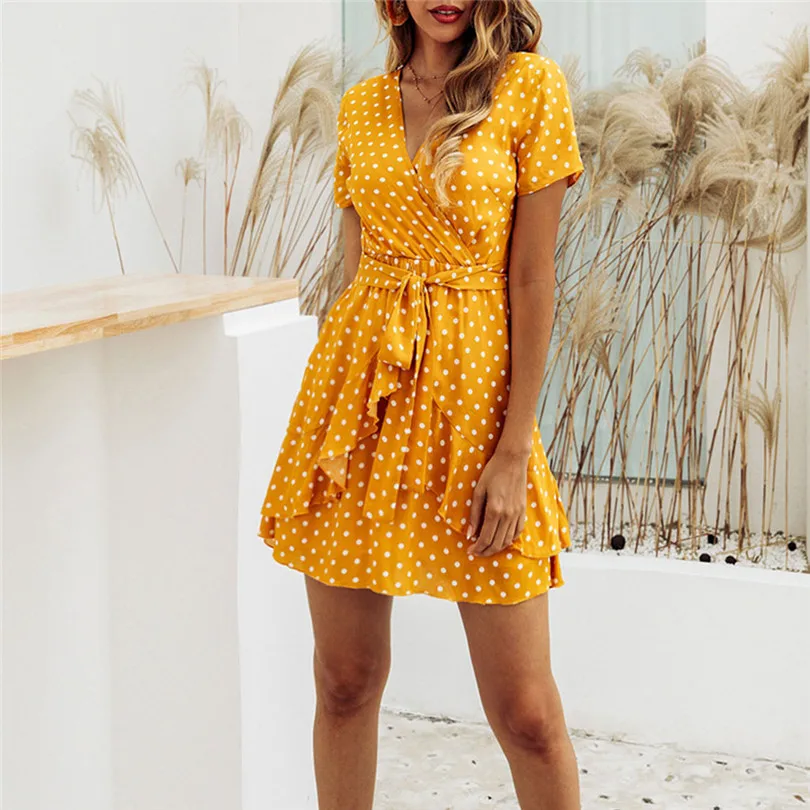 Новое Женское модное летнее повседневное свободное платье в горошек с коротким