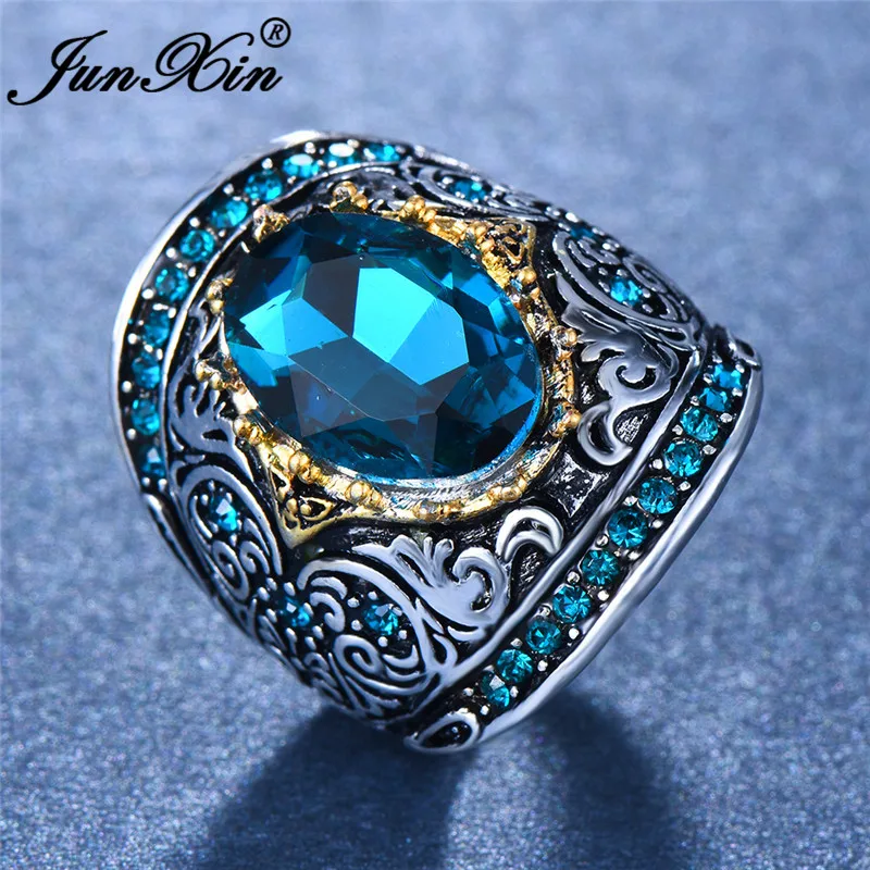 JUNXIN Boho большие овальные хрустальные панковские свадебные кольца для мужчин и женщин античное серебряное синее циркониевое широкое большое обручальное женское кольцо