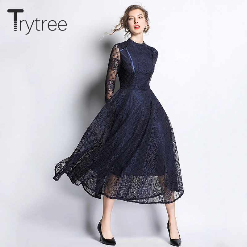 Платье рубашка Trytree женское с кружевным рукавом Элегантное повседневное