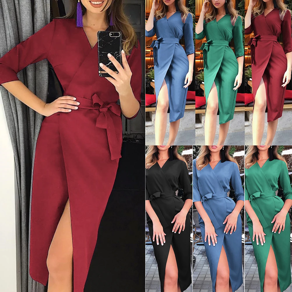 women's summer black cotton Half sleeve bandage bodycon sexy dress plus size solid mid calf long casual Cardigan dresses | Женская