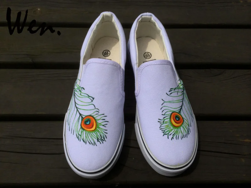 

Вэнь оригинальный дизайн перо павлина ручная роспись обувь на заказ слипоны белые кроссовки для женщин мужчин дышащие кроссовки