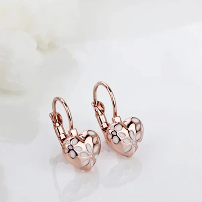 Ociki Rose Gold Color Austrian White Flower Heart Shape Crystal Earrings Office Jewelry for Women Girls Gift Drop Shipping | Украшения и