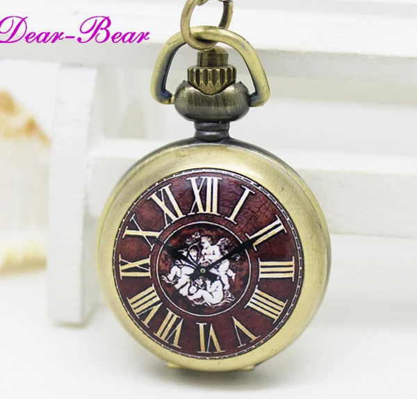 (6025) Vintage Bronze Victorian Style Angels Pocket Watch Necklace 12pc/lot Wholesale small size | &amp Fob Watches