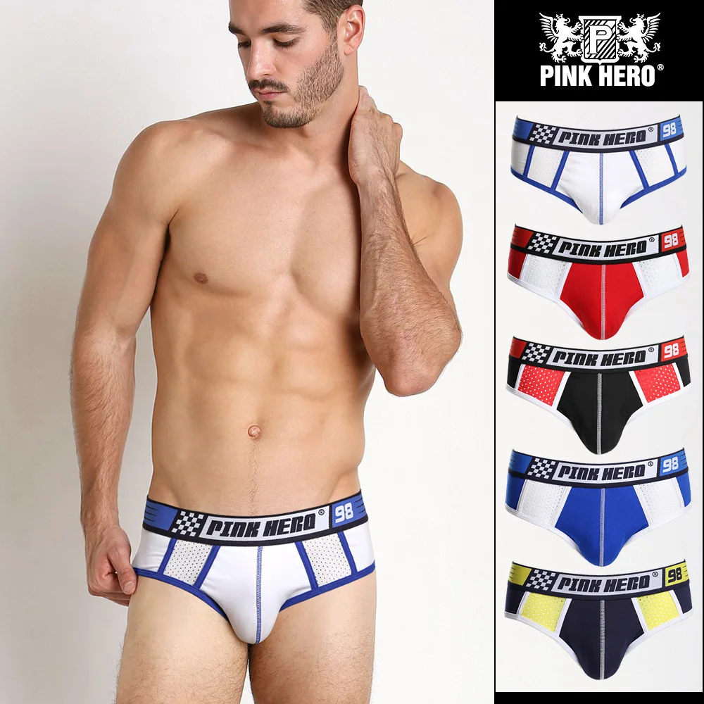 

PINK HEROES Men briefs Underwear Breathable sexy Silk Mesh Pants Male Spelling Color Cotton Underwear Comfortable Brand