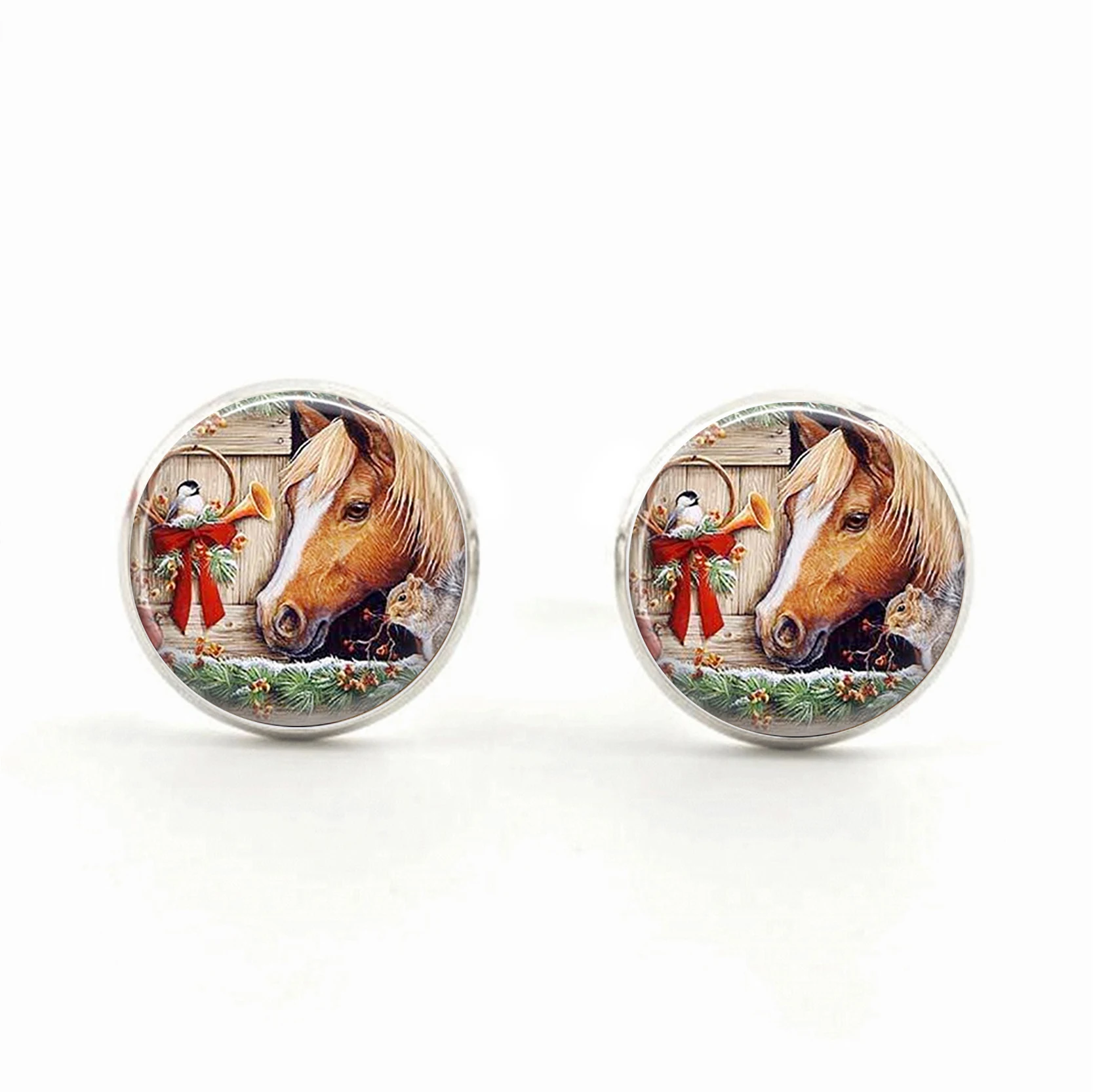 Рождественские серьги гвоздики с рисунком лошади|horse stud earrings|stud earringsearrings horse |