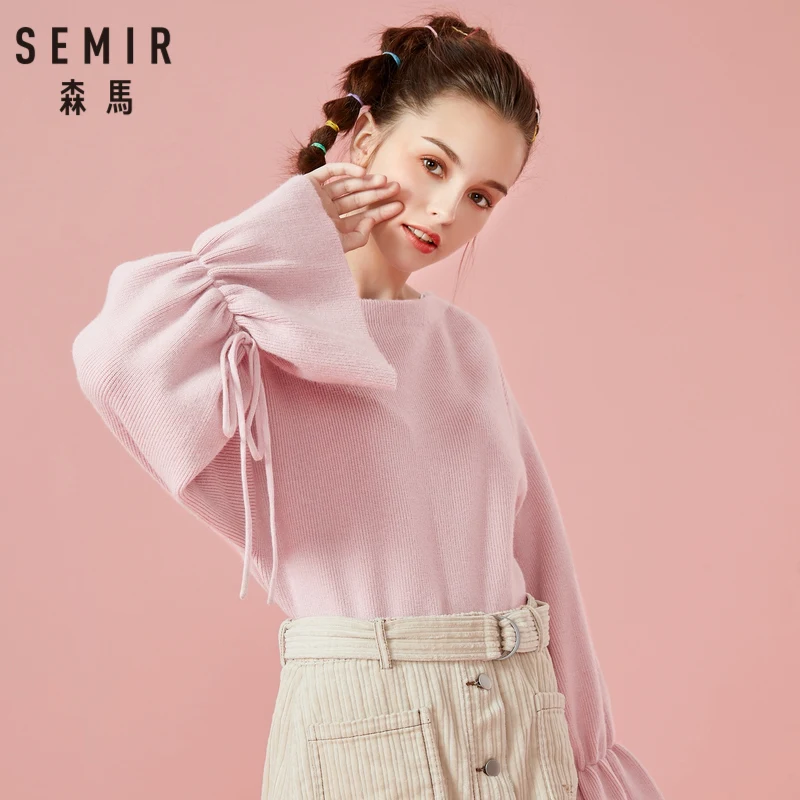 SEMIR Women Fine Knit Sweater with Drawstring Trumpet Sleeve Womens Pullover Ribbing at Neckline Cuff and Hem for Winter | Женская