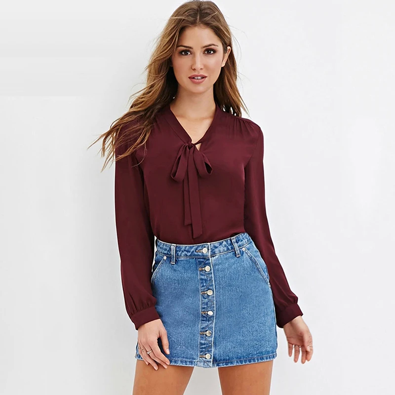 Women Blouses Summer Multicolor long-sleeved Slim Shirt Beautifully Designed Sweet V-neck Tie Bow Chiffon |