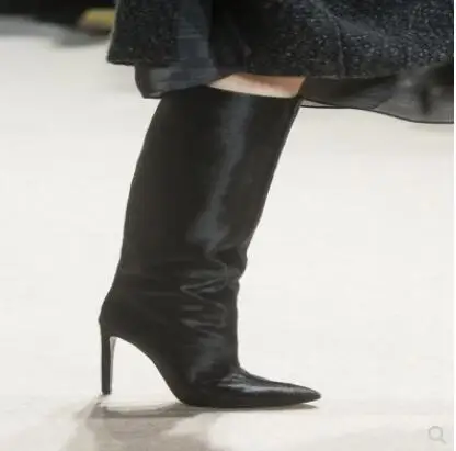 

Hot Fashion Black/Yellow/Dark blue Genuine Leather Knee High Shoes Pointed Toe Women's Shoes Thin Heels Women's Boots