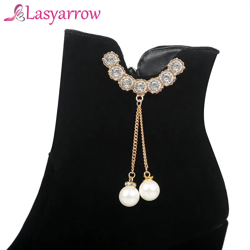 

Lasyarrow Crystal Flock Platform Shoes Woman Ankle Boots Party Zipper Solid Women's Boots Autumn Winter Fashion Wedding Shoes