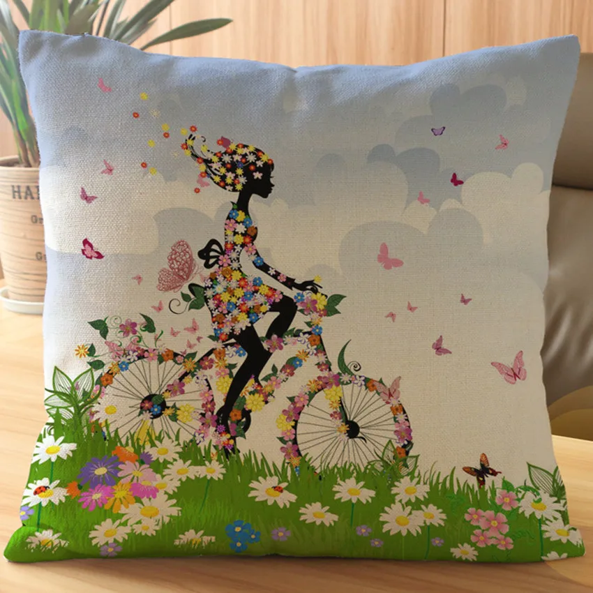 Красочные цветы девушка жизнь дерево дизайн наволочка Бабочка велосипед хлопок