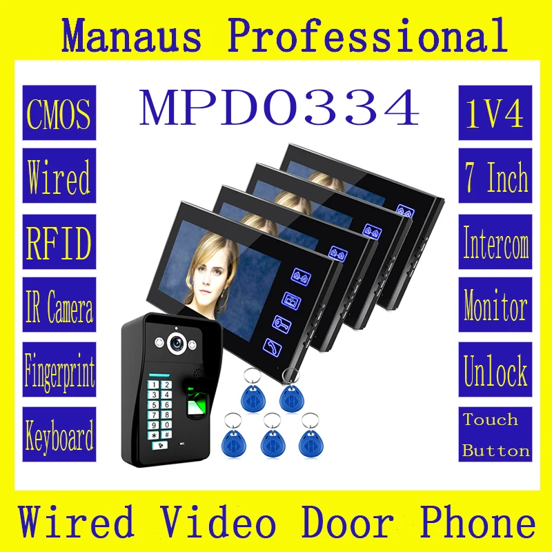 

1V4 Новый 7-дюймовый ЖК сенсорный ключ RFID монитор + HD 1000 ТВЛ ИК камера Распознавание отпечатков пальцев видео домофон система D0334