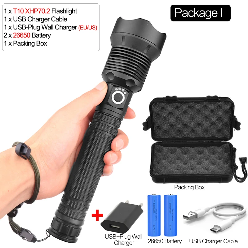 Package I 6500 люменов лампа xhp70.2 самый мощный фонарик usb Zoom СВЕТОДИОДНЫЙ Фонарь xhp70 xhp50 18650 или 26650 батарея Лучший Отдых на природе - Испускаемый цвет: Package I