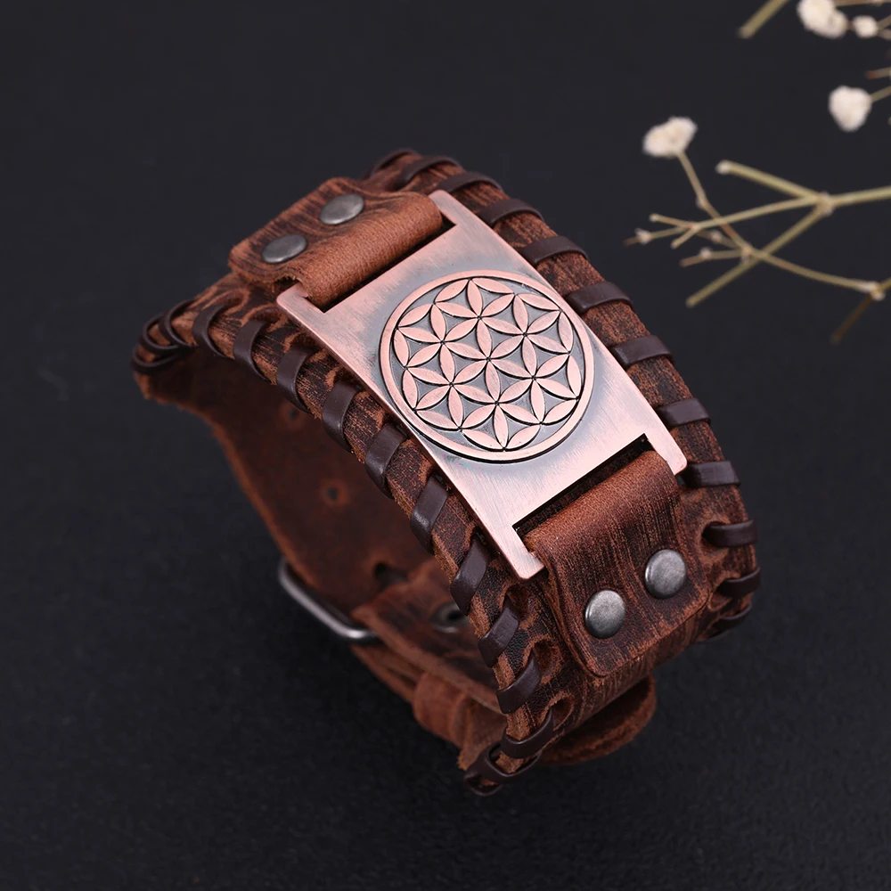 Dawapara Flower Of Life Vintage Bangles For Men Handmade Brown Wide Leather Bracelets Man Amulet Jewelry BROWNB109576-9-W-L | Украшения и