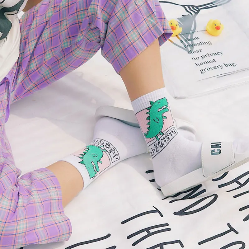 Epous/летние женские хлопковые носки Harajuku с рисунком динозавра из мультфильма