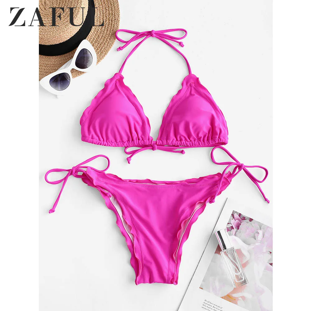 ZAFUL Стринги Бикини Салат-трим Мягкий бикини Купальник Halter Tie Side Бикини Сплошной купальный костюм Пуш Ап Сладкие купальники