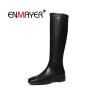 enmayer women knee high boots pointed toe shoes woman thick heel fashion boots leather winter lattice thigh high boots cr1733