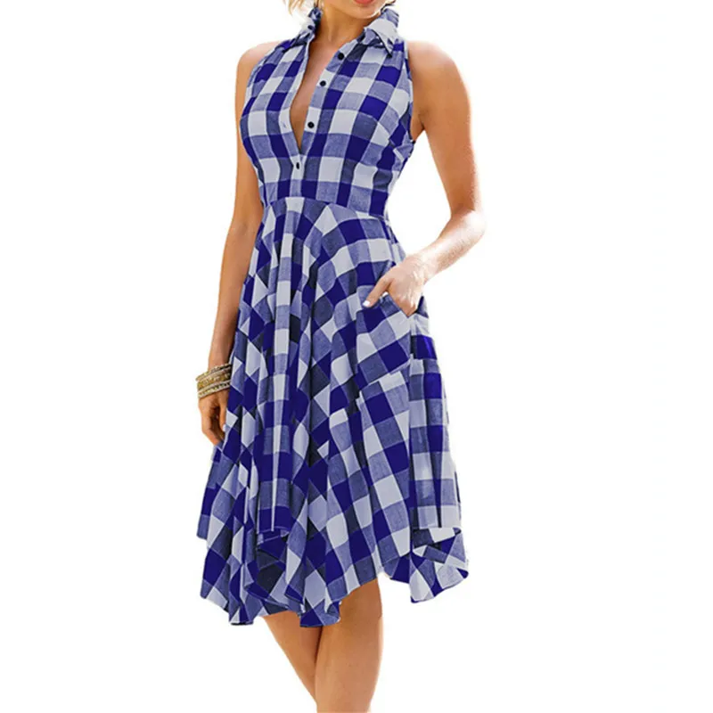 Женская одежда 2019 расклешенное летнее клетчатое платье-рубашка винтажные платья