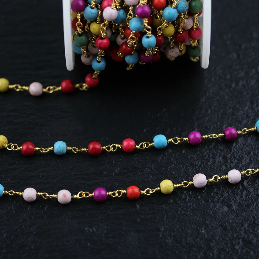 6mm Colorful Raw Turquoises Howlite Round Shape Beads Chains Plated Gold Copper Rosary Jewelry Necklace Supplies | Украшения и