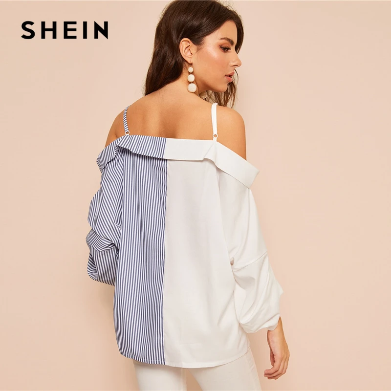 SHEIN Рубашка С Контрастным Полосатым Принтом И Открытыми Плечами Женские Весенние Многоцветные Богемные Блузки