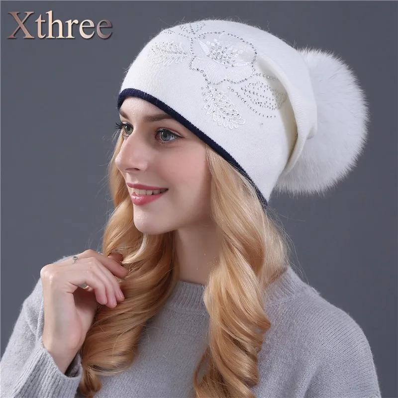 Женская шерстяная вязаная шапка Xthree зимняя с помпоном из натурального Лисьего