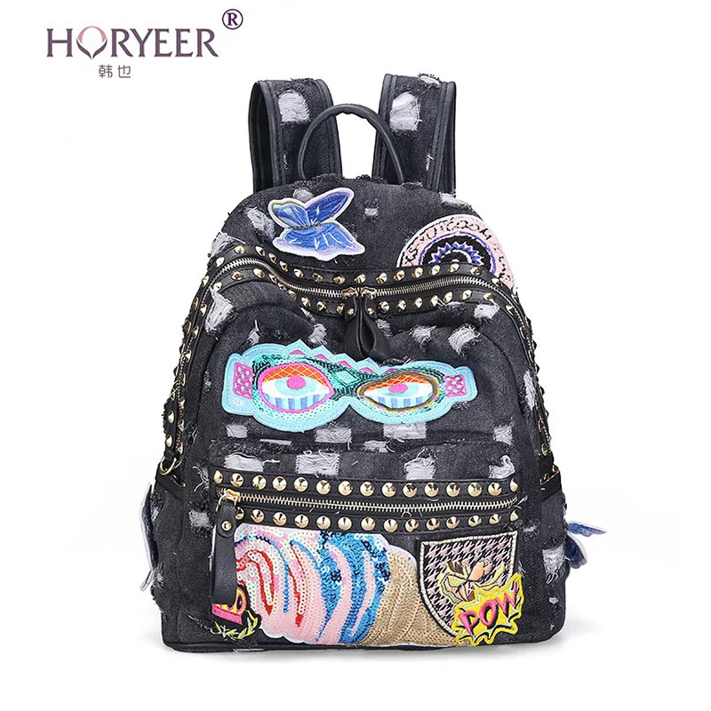 HORYEER kanken backpack women shoulder bag denim school for teenager girls jeans rivet backpacks vintage blue rucksack | Багаж и сумки