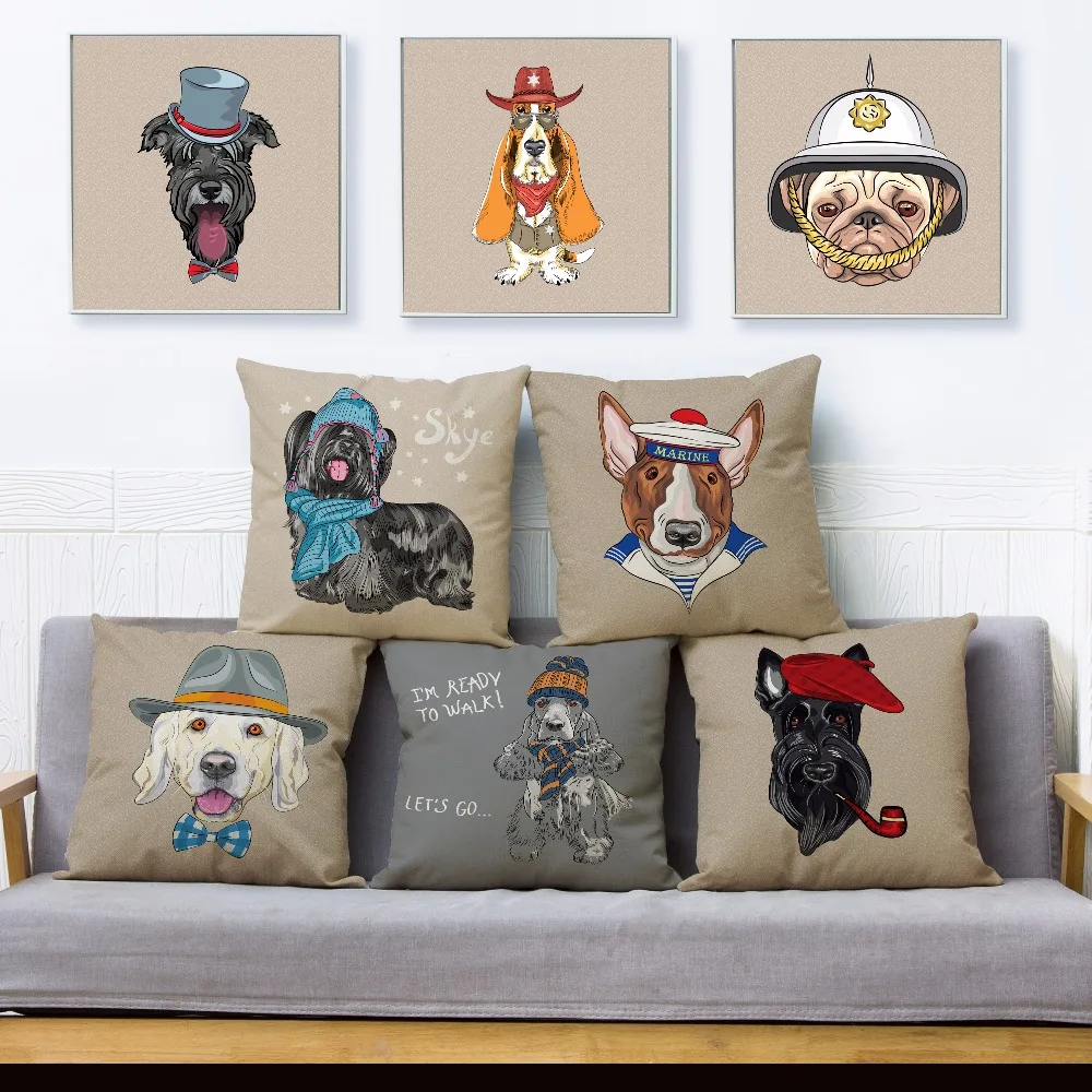 

Cute Cartoon Pet Dog Print Throw Pillow Cover 45*45 Square Cushion Cover Linen Pillow Case Sofa Home Decor Pillows Cases
