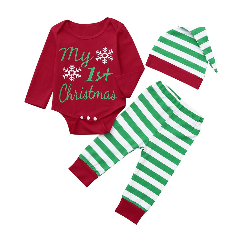 Красный Коллекция года, комплект из 2 предметов с надписью «My First Christmas Santa», топы для маленьких мальчиков и девочек, комбинезон, полосатые леггинсы штаны, шапка Санты, пижамный комплект Рождественская одежда для малышей - Цвет: Красный