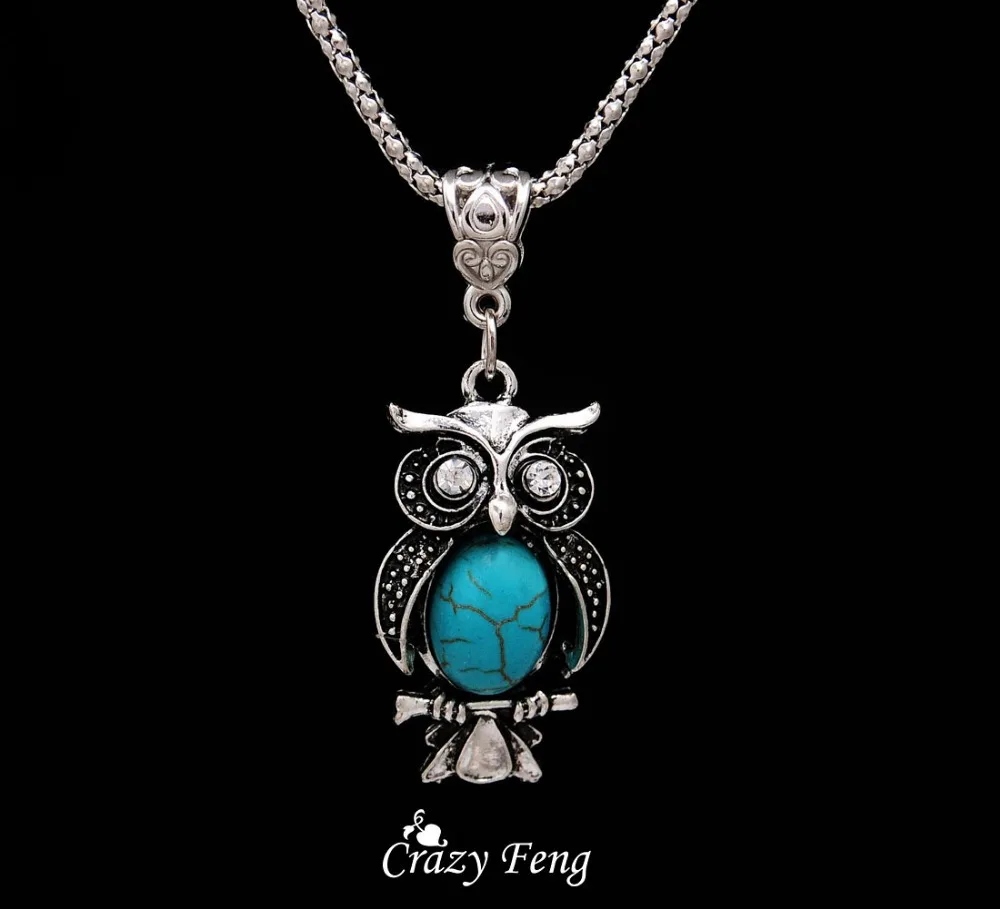 Сова Ювелирные Наборы Тибетский серебристый цвет ретро камень кулон ожерелье