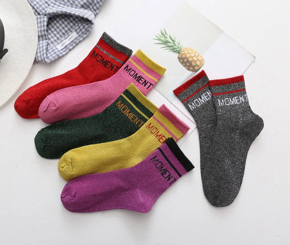 

Cotton Women Shining Letters Lace Socks Cute Sliver Onion Moment Spring Autumn Fashion Crew Heap Color Solid Casual Sockken