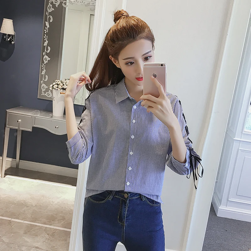 

New Women Casual Basic Summer Autumn Stripe Blouse Top Shirt Fashion Bandage