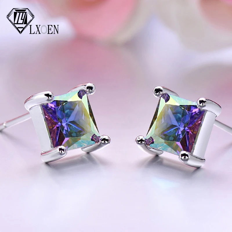Серьги-гвоздики LXOEN с разноцветными квадратными фианитами женские простые