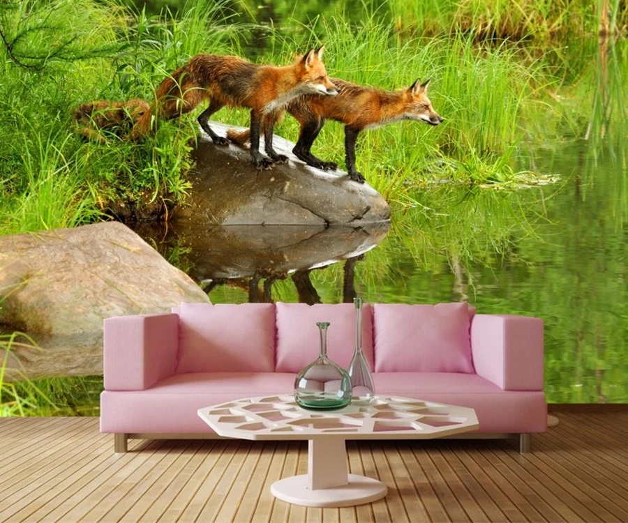 

Custom mural,Papel de parede ,Foxes Water Stones Animals wallpaper,restaurant living room tv sofa wall bedroom 3d wallpaper
