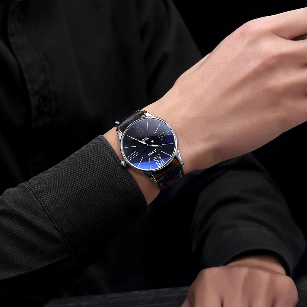 

Hot Sales O.T.SEA Brand Faux Leather Blue Ray Glass Watch Men's Sports Quartz Wrist Watches W046
