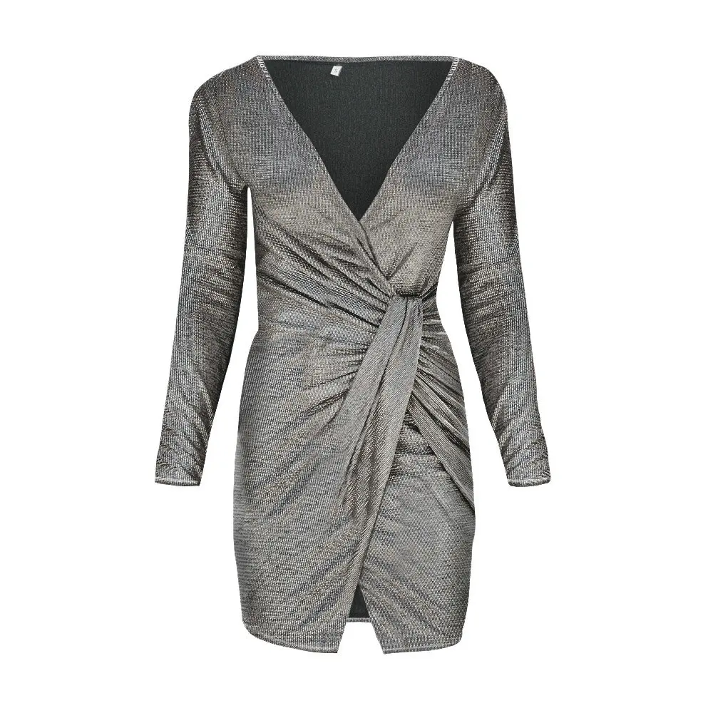 Modecrush Womens Sexy Deep V Neck Club Dress New Year Long Sleeve Ruched Ladies Knitted Bodycon | Женская одежда