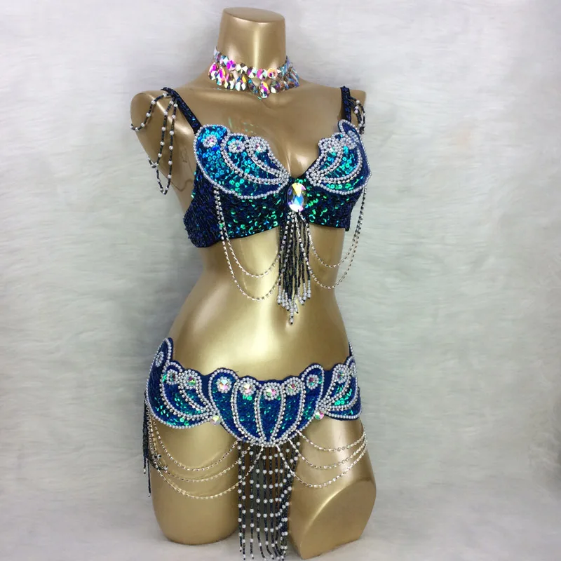 DARK BLUE Сделано для того чтобы измерить костюм для танца живота комплект нижнего белья бюстгальтер+ пояс+ украшение на шею, 3 шт./компл., любой размер, 34/36/38/40/42 B/C/D/DD - Цвет: DARK BLUE