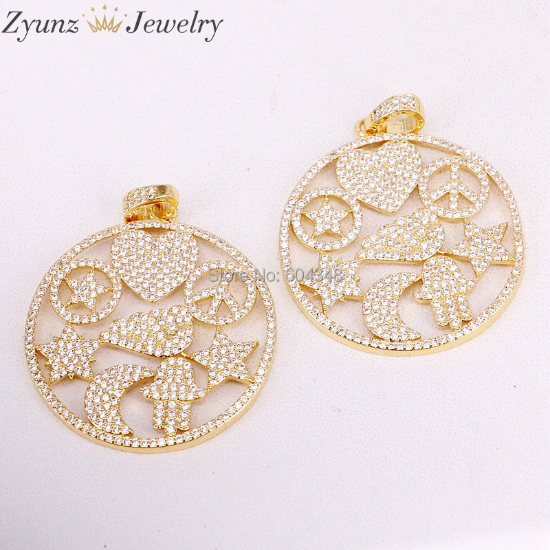 

5 Strands ZYZ314-3963 Micro Pave CZ Pendant, 37MM, Hamsa Hand & Star & Moon & Heart Mix Patterns Chain Necklaces For Women Men