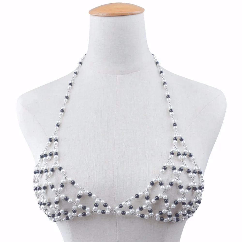 

Fashion Handmade Weaving Pearl Bra Chain For Women Multi-Layers Plastic pearl Vest Camis Top Crops Night Club Bikini Body Chain