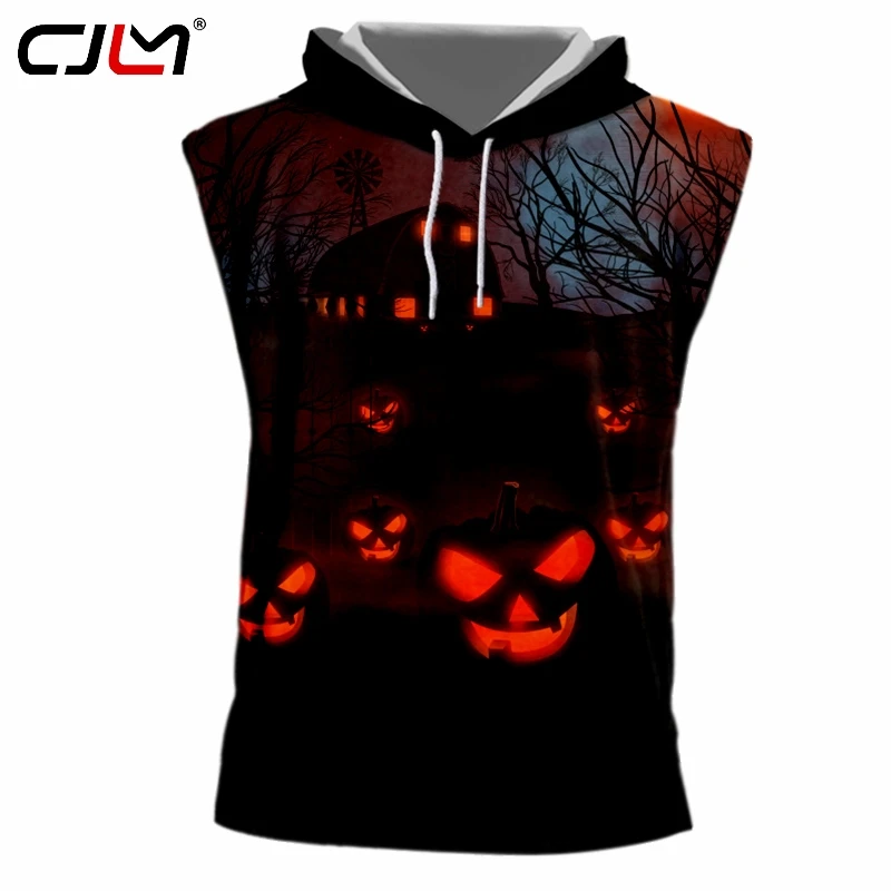 

CJLM Man Happy Halloween Hooded Tank Top Horrible Red Eyed Pumpkin Vest 3D Printed Hot Sale High Quality Mens TankTop