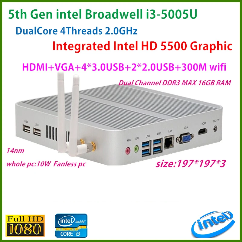 Intel Broadwell i3 5005u HD Графика 5500 безвентиляторный I3 Мини ПК с ОС Windows 7 win8 win10 VGA HDMI мини