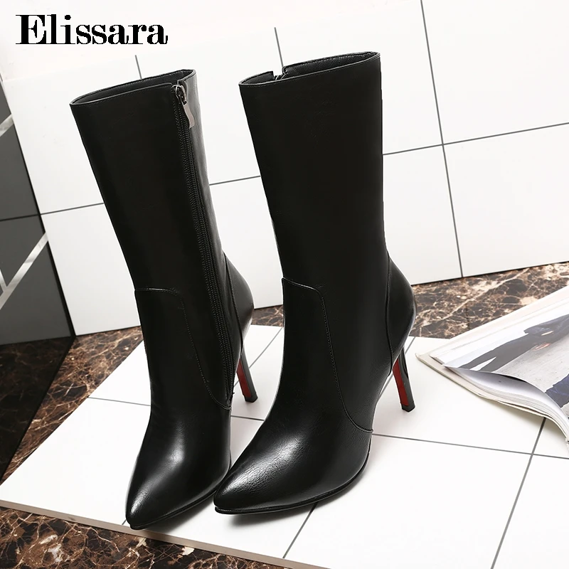 Elissara Women Genuine Leather Boots Shoes High Heel Mid Calf Fashion Zip Pointed Toe Plus Size 34-42 | Обувь