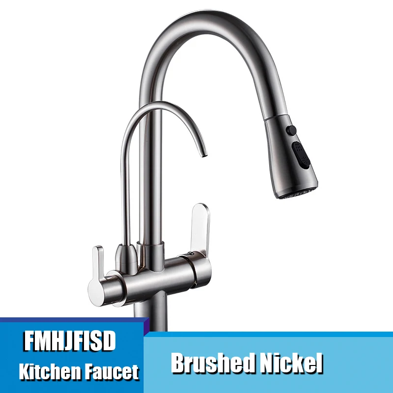 Brushed Nickel Хромированный/никелевый/черный кухонный кран с двойным носиком для питьевой воды, латунный очиститель для раковины, смеситель для горячей и холодной воды Torneira - Цвет: Brushed Nickel